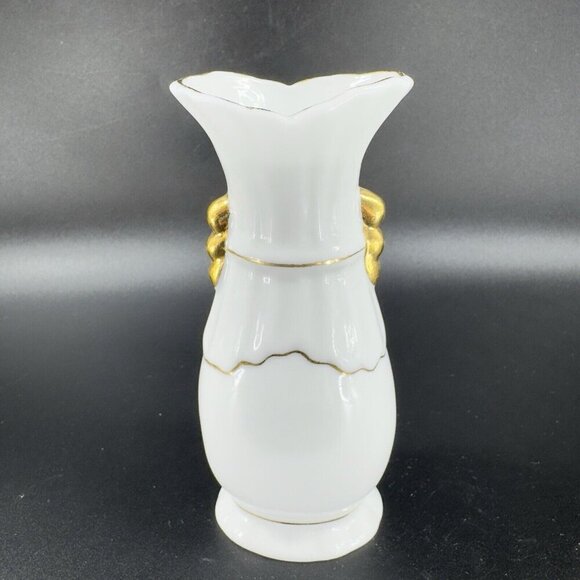 Vintage 1980s Fine Porcelain Bud Vase Set 2 With Golden Handles Flower Pattern - Picture 5 of 9